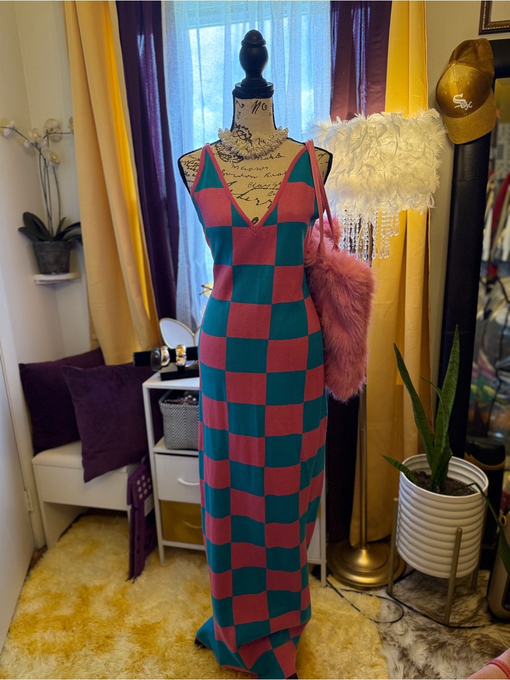 Fashion Nova Pink and Teal Checkerboard V-Neck Maxi Dress